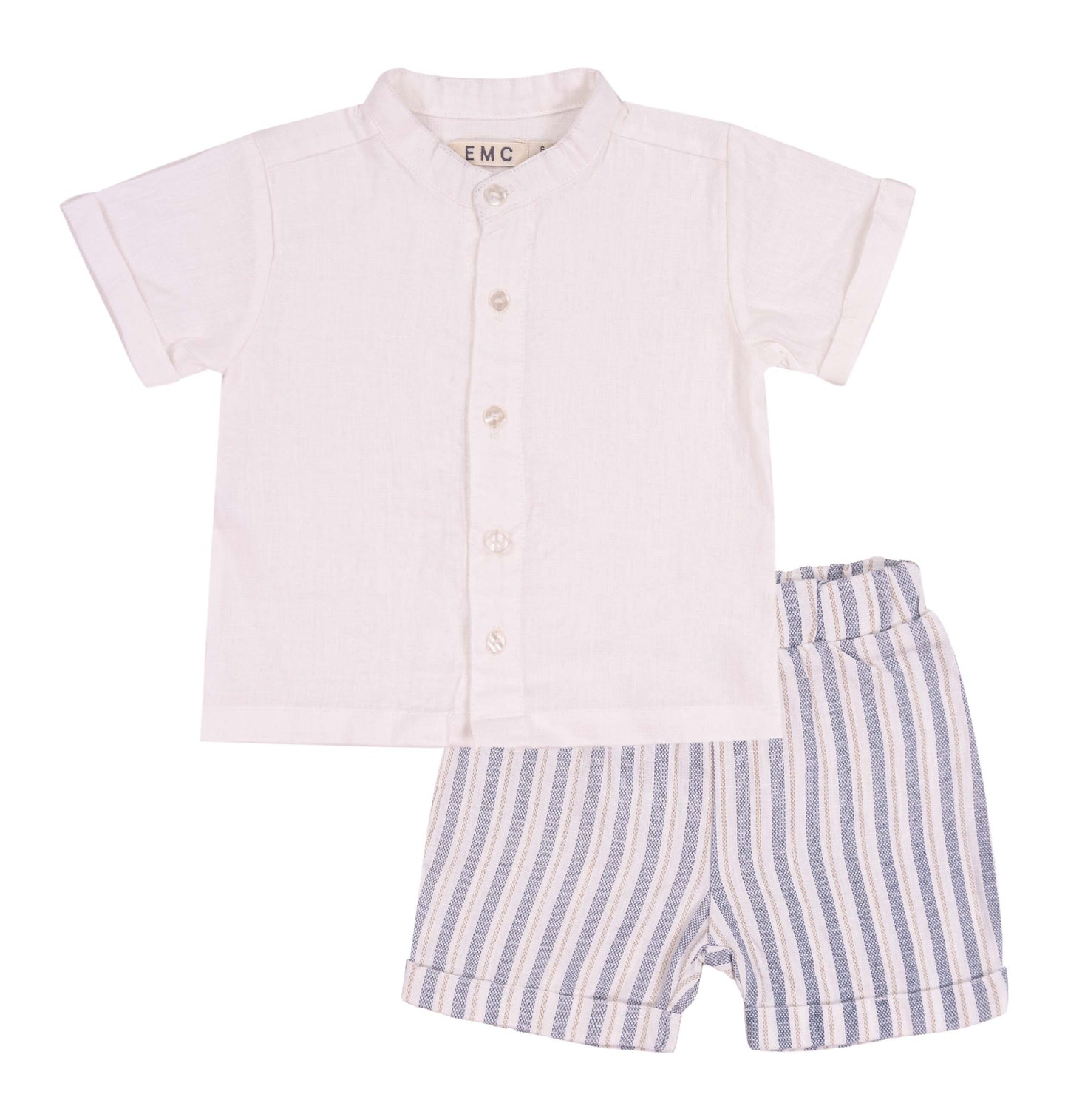Completo bambino camicia bianca e shorts a righe