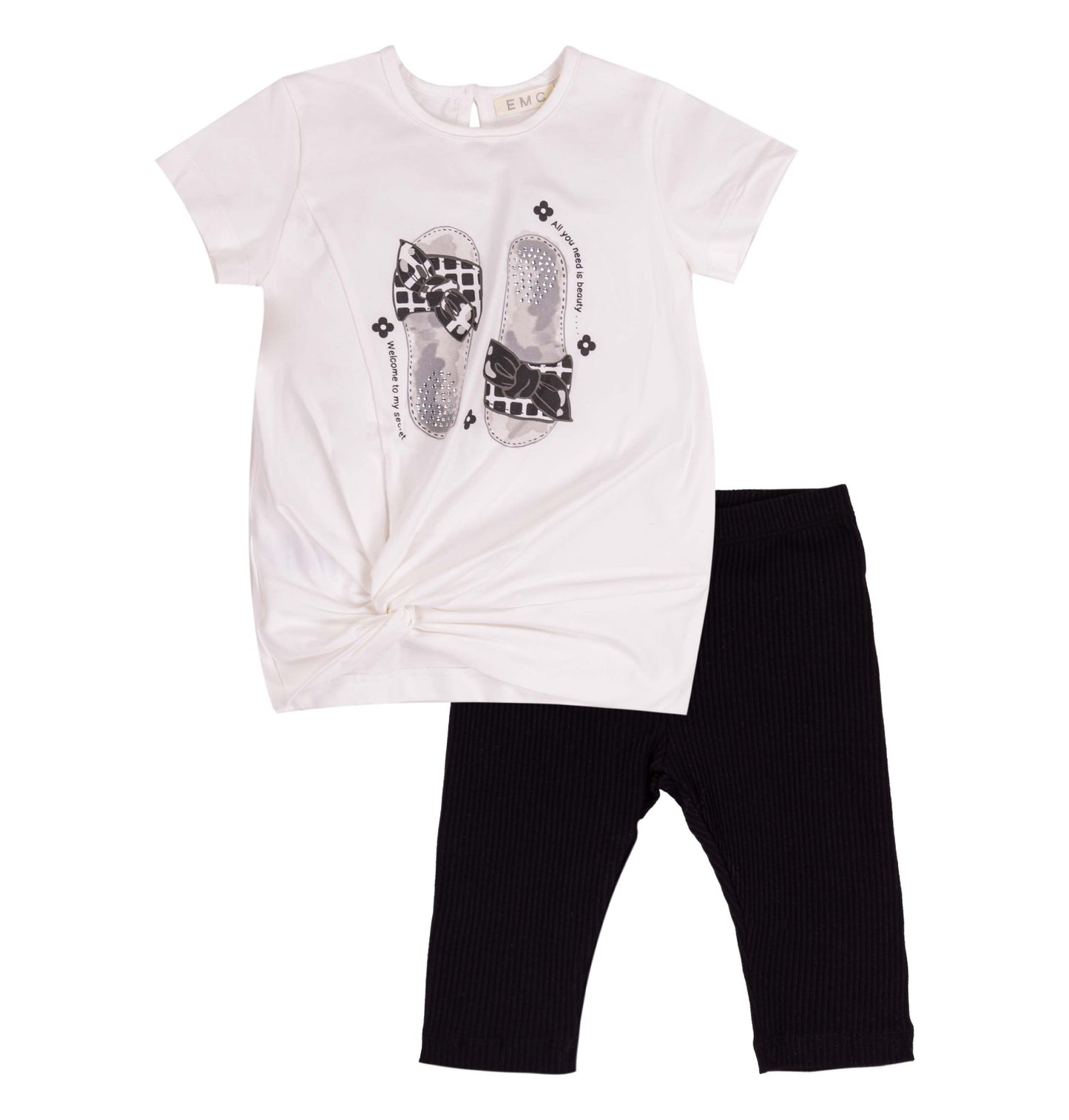 Completo Bambina T-shirt e Leggings Neri a Costine