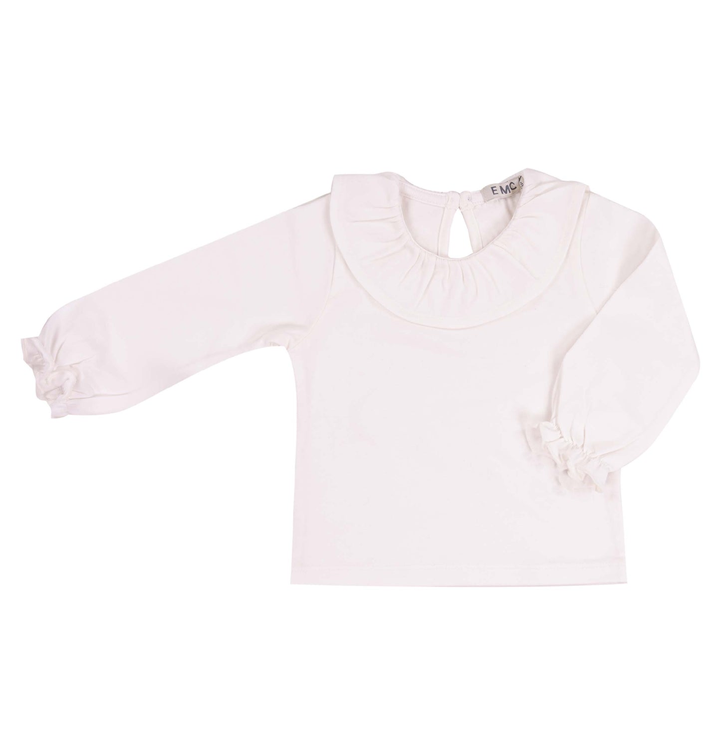 Maglia Bianca a Maniche Lunghe con Colletto e Polsini Arricciati