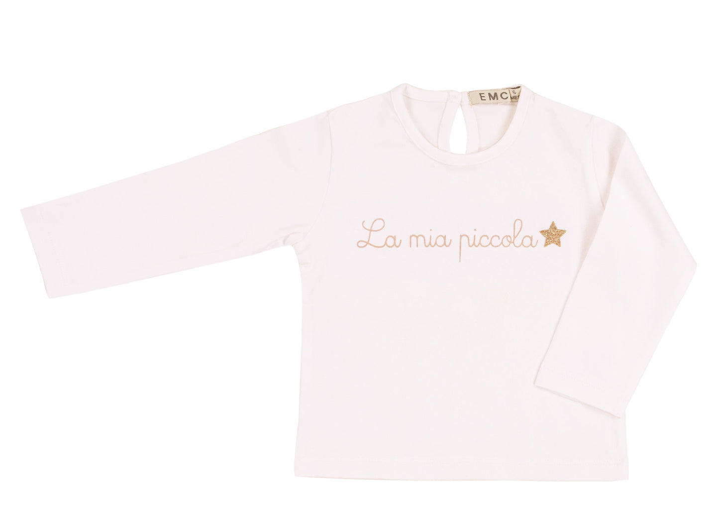 Maglietta bianca a maniche lunghe con scritta "La mia piccola" e stella glitter