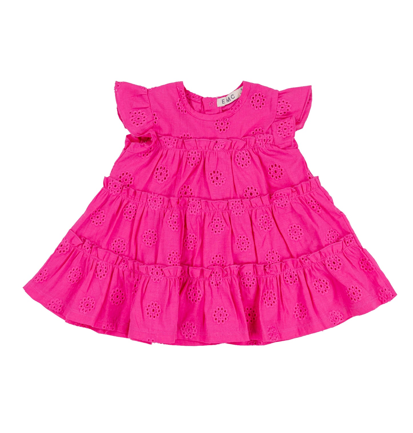 Vestito bambina fucsia a balze con ricamo sangallo