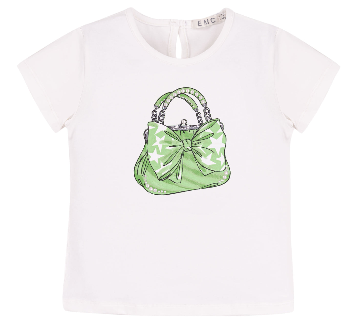 Maglietta Bianca Bambina con Stampa Borsa Verde