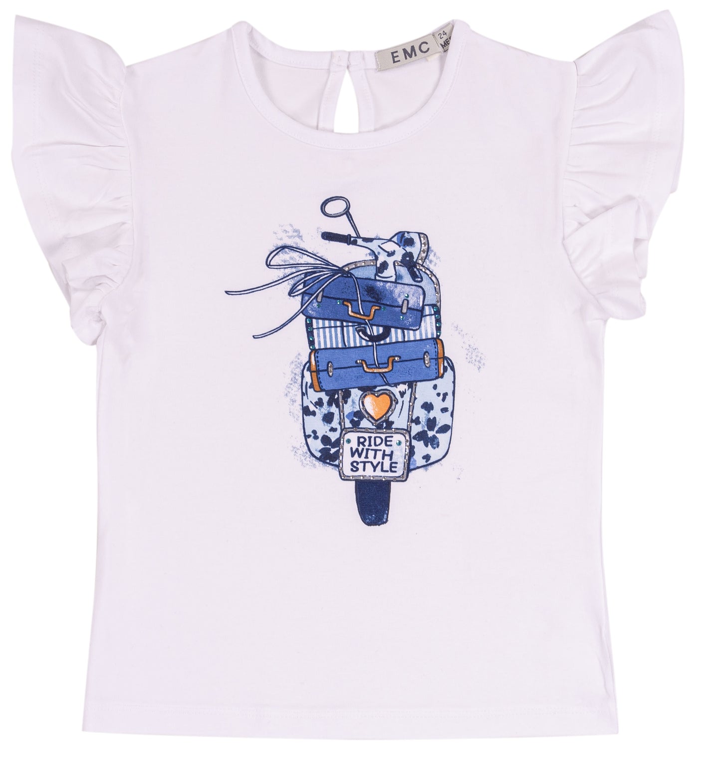 T-shirt Bambina Bianca con Stampa Scooter e Volant