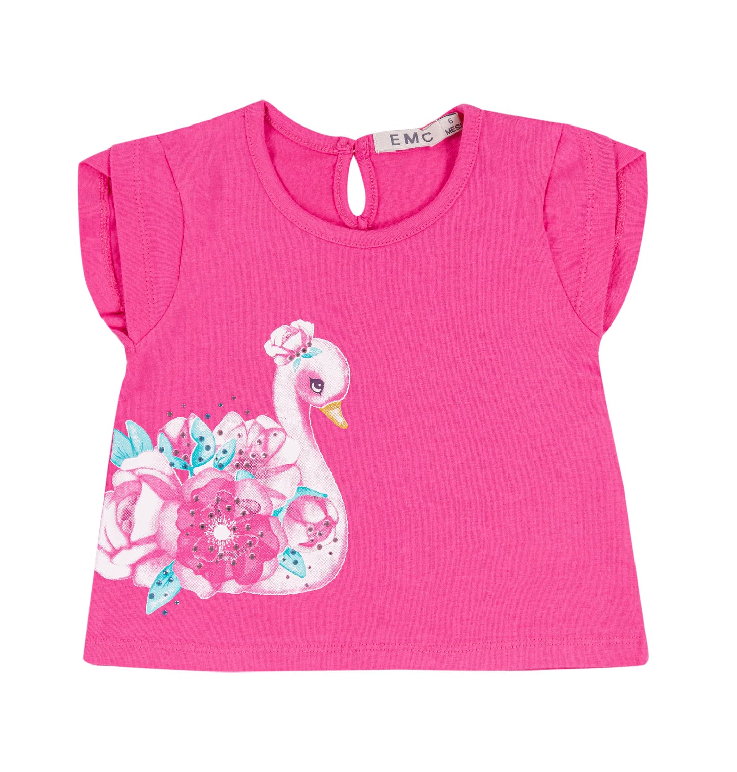 Maglietta neonata fucsia con stampa cigno e fiori