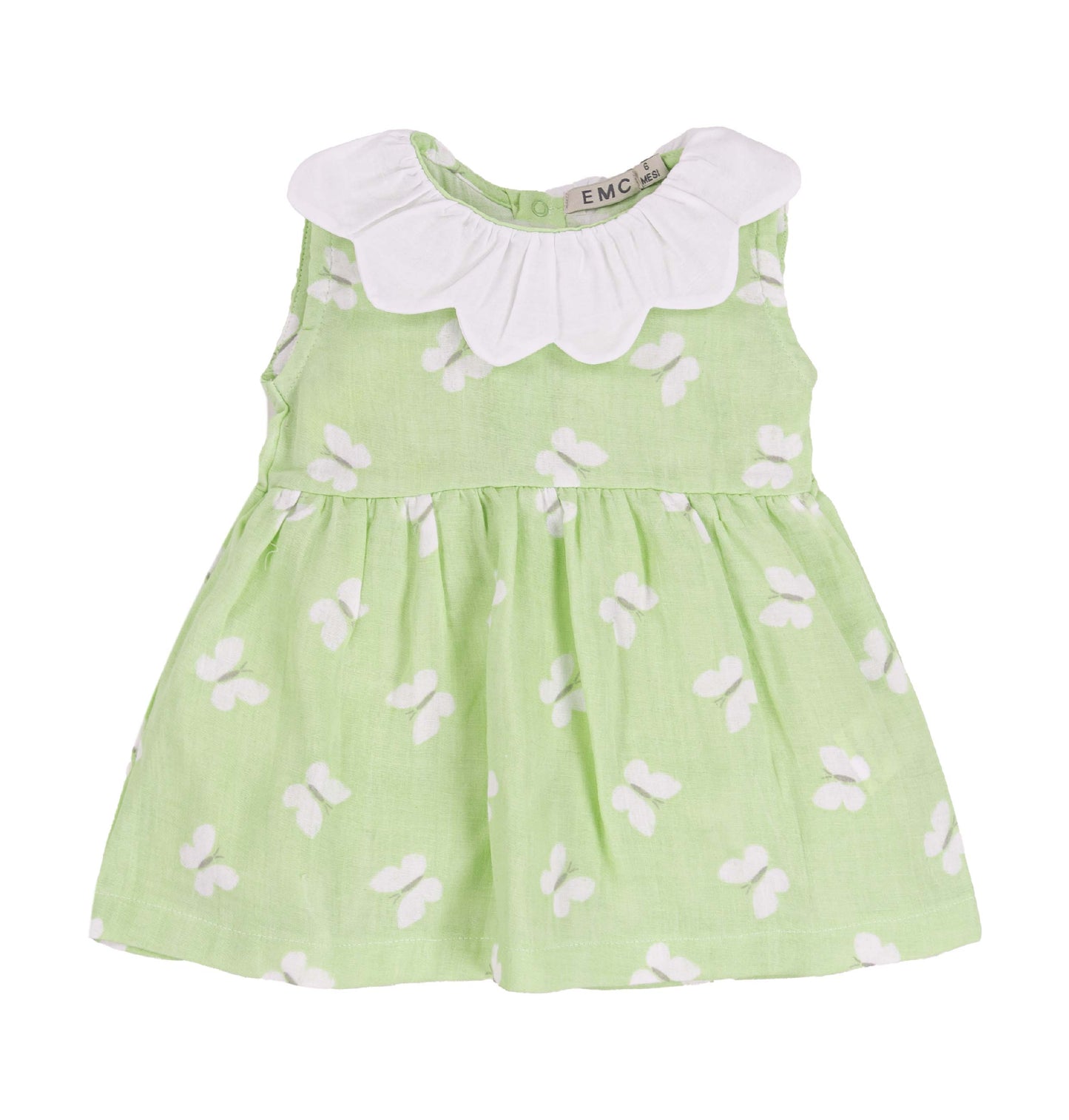Vestito neonata verde con farfalle e colletto smerlato