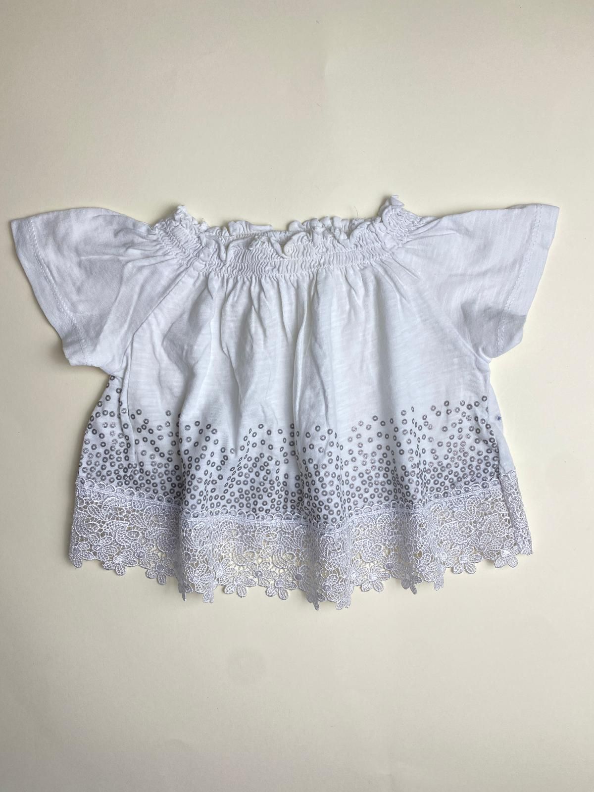 Top Bambina Bianco Maniche Corte con Pizzo