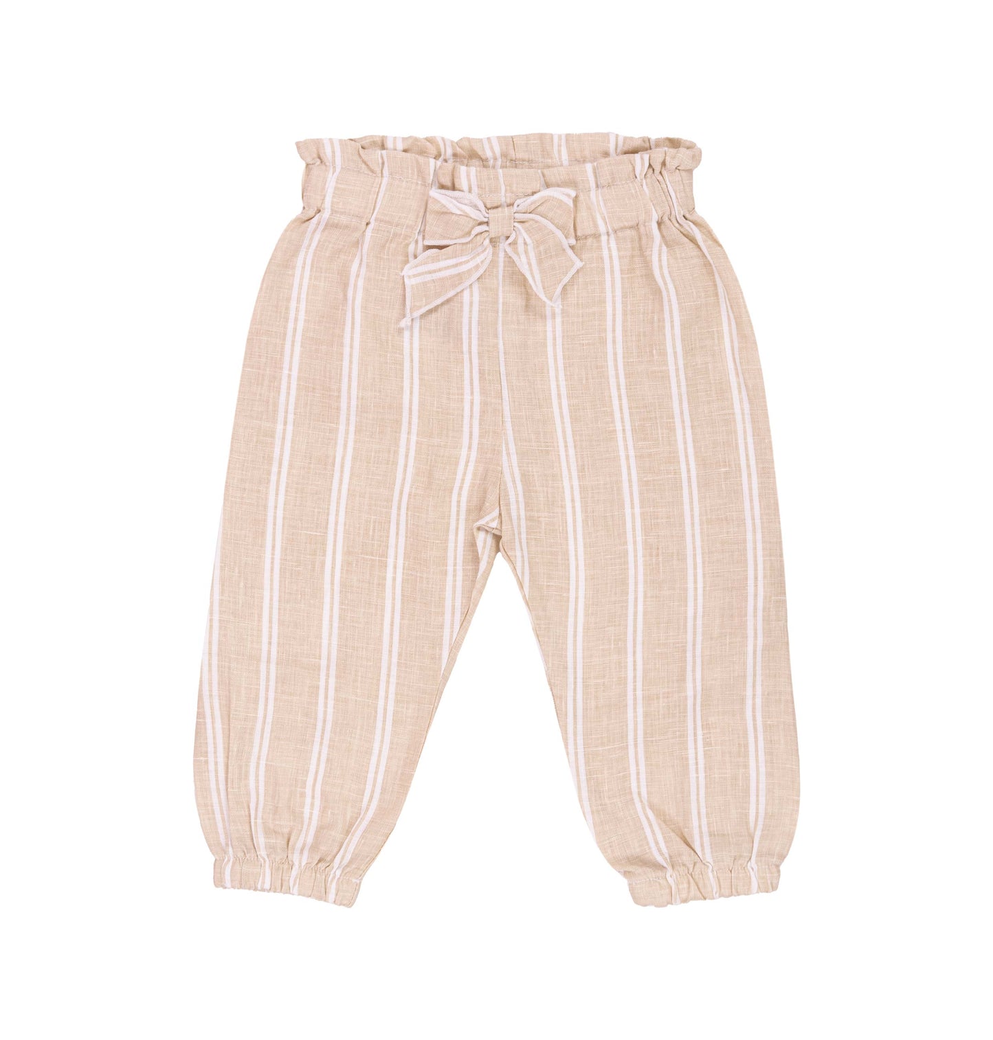 Pantaloni in lino a Righe Beige con Fiocco