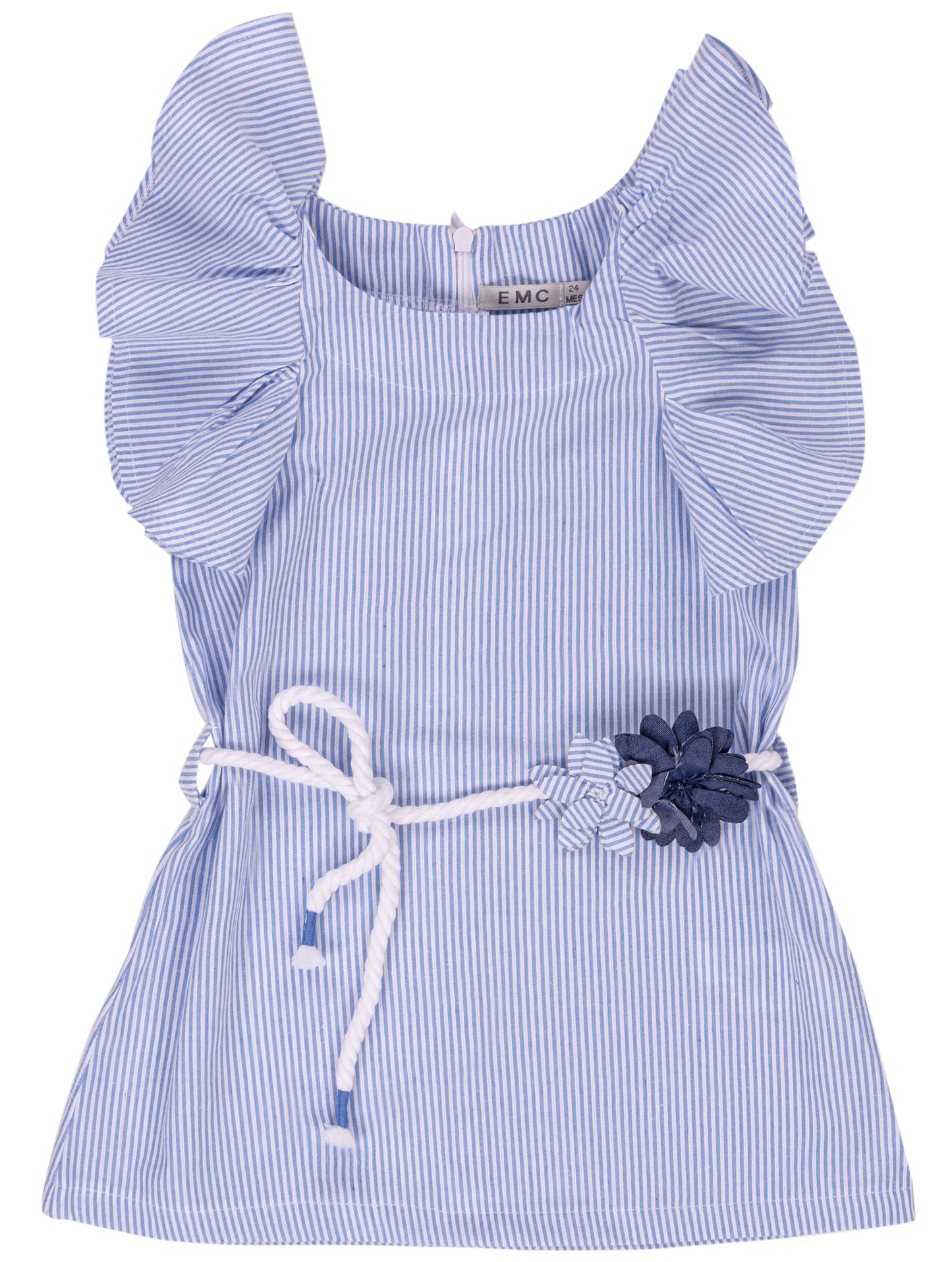 Vestito a righe azzurre con cintura a corda e fiori