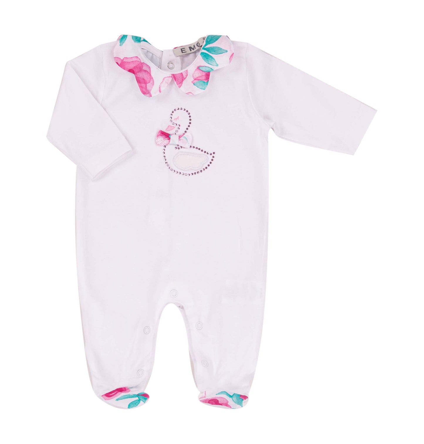 Tutina neonato bianca con paperella e colletto floreale
