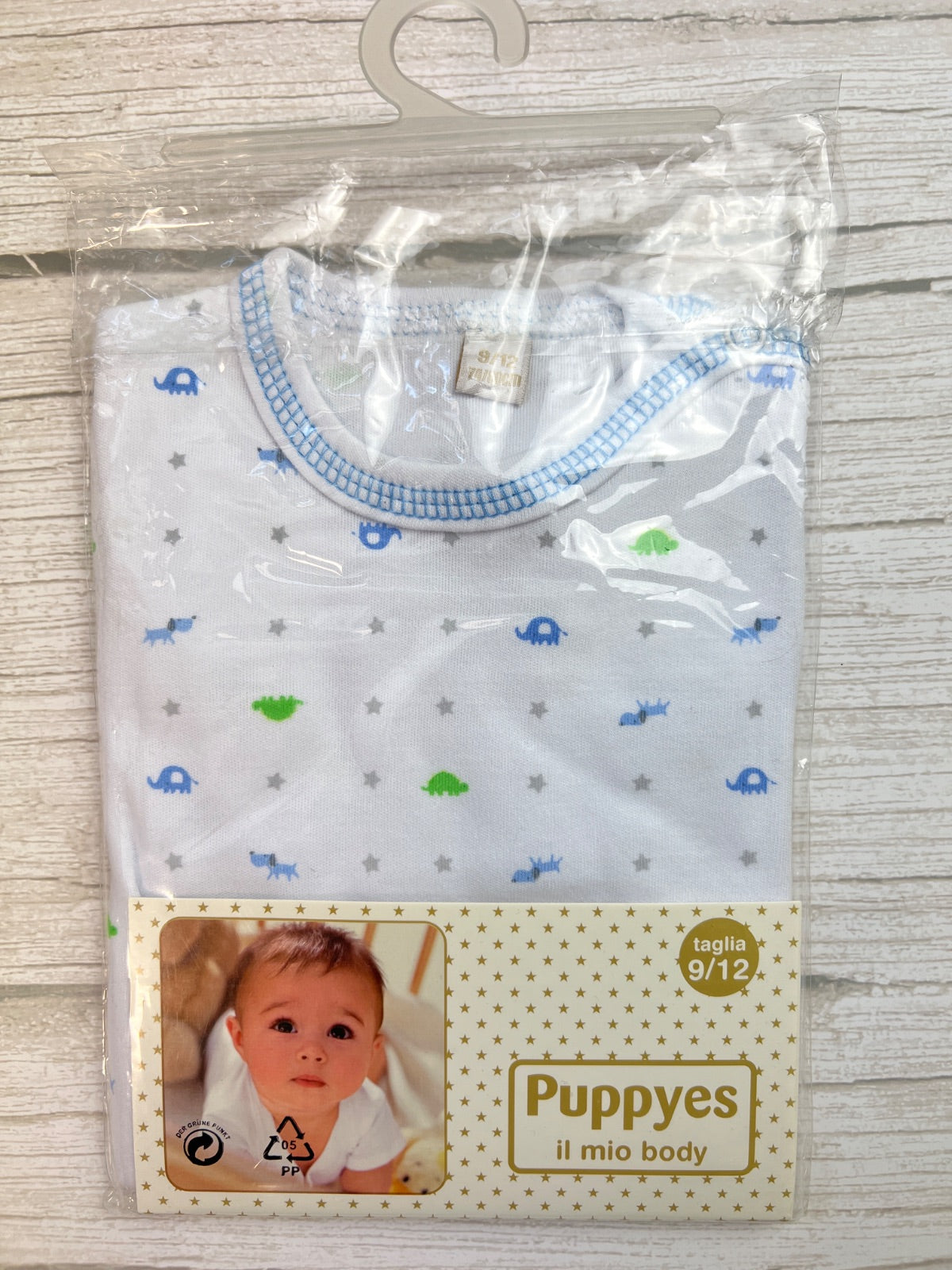 Body neonato Puppyes a manica corta con stampa elefanti e dinosauri