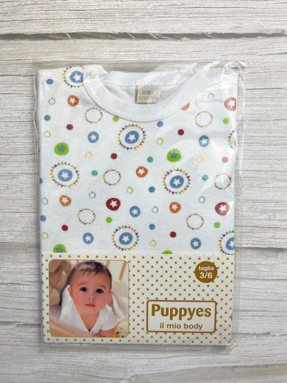 Body neonato Puppyes a manica corta con fantasia stelle e cerchi