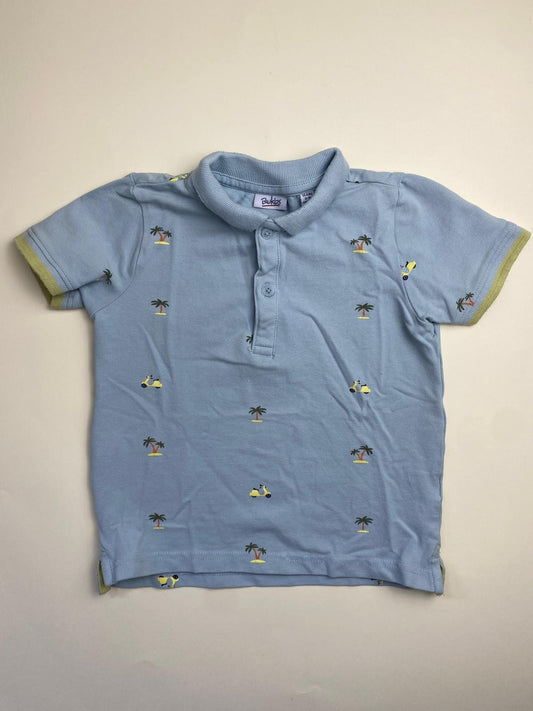 Polo bambino azzurra con palme e scooter