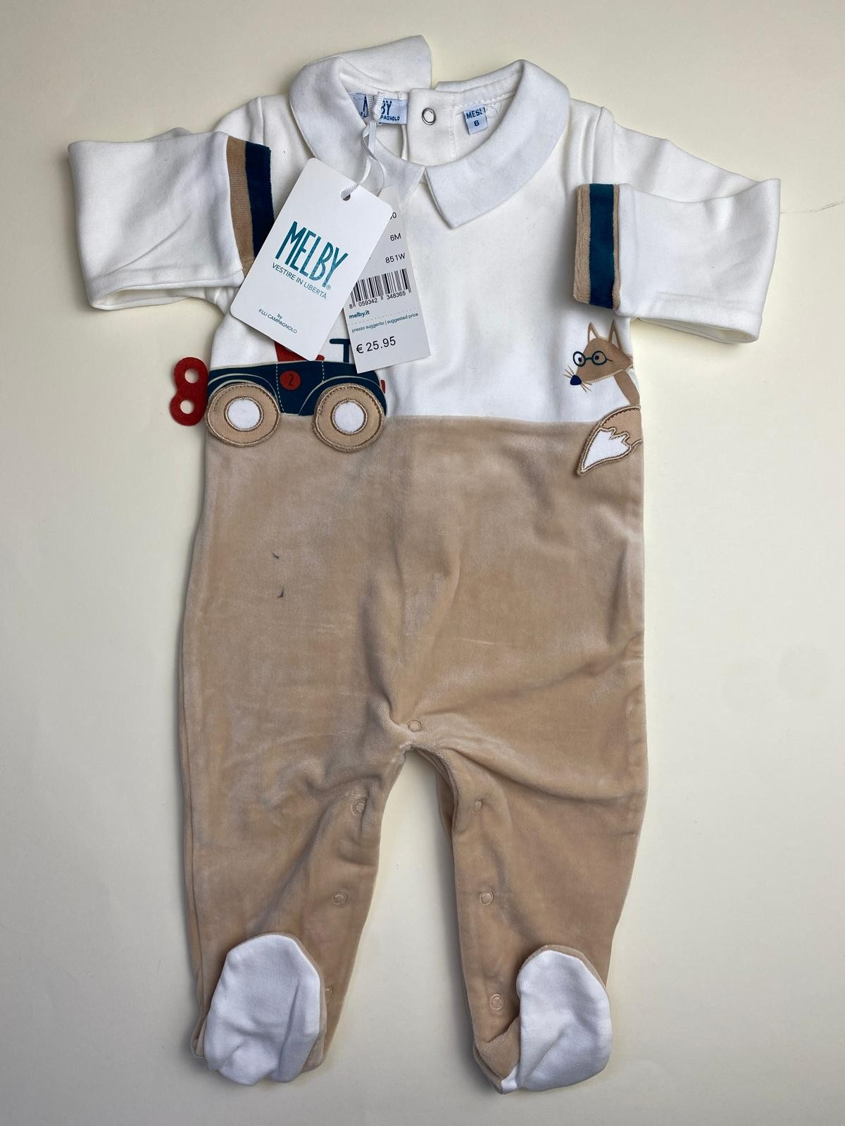 Tutina Neonato Melby Bicolore con Trattore e Volpe - difetto