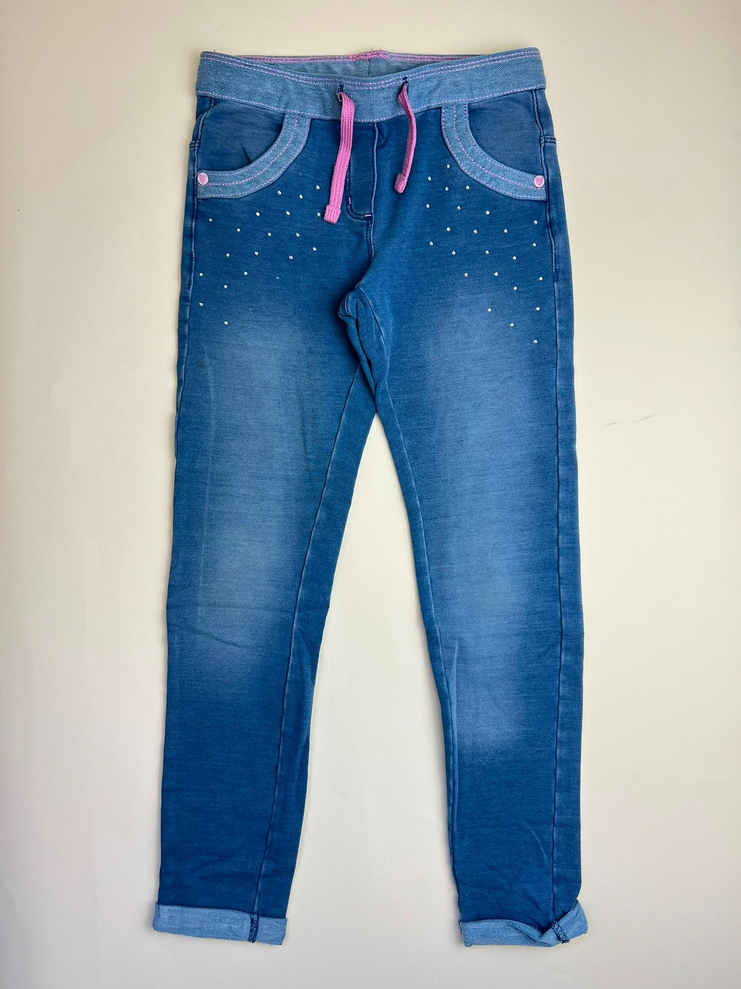 Jeans Blu con Elastico e Dettagli Rosa