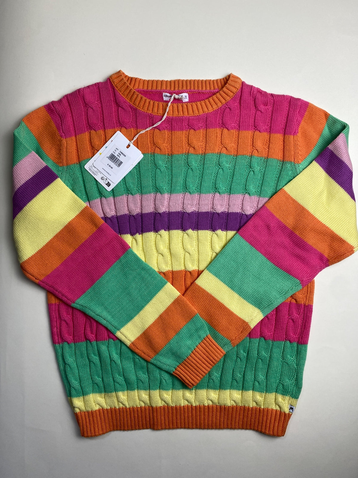 Maglione Girocollo a Righe Multicolore con Treccia