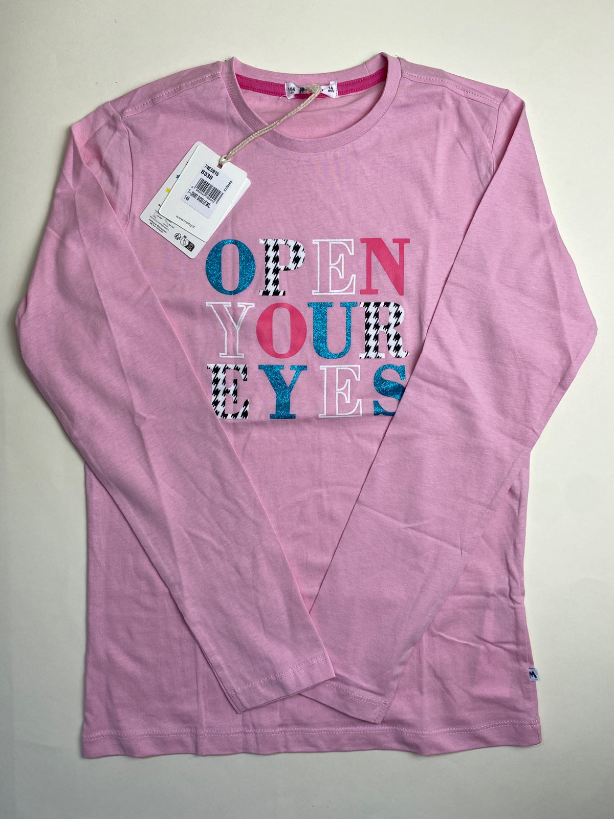 Maglietta a manica lunga rosa con stampa "OPEN YOUR EYES"
