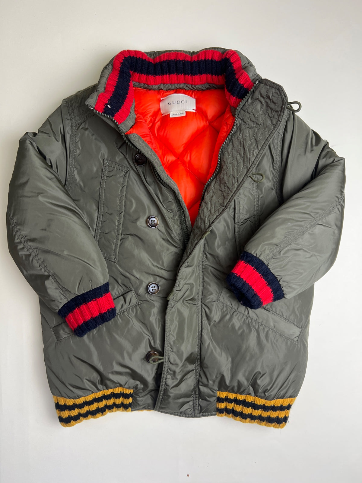 Piumino Bomber Gucci Verde Oliva con Dettagli a Righe