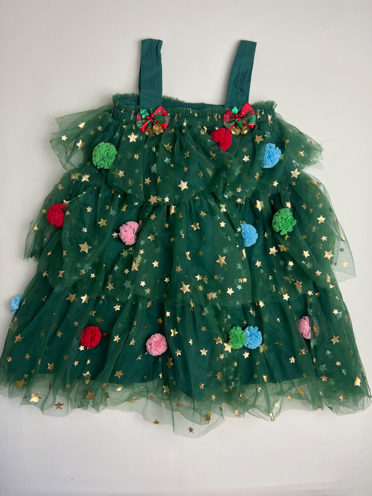 Vestito di Natale per bambina in tulle verde con stelle e pompon