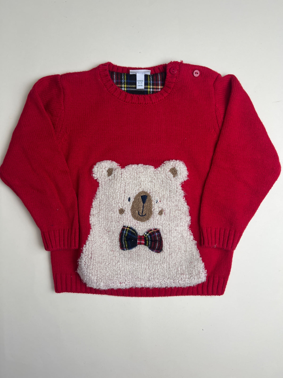 Maglione rosso per neonato con orsetto e papillon scozzese