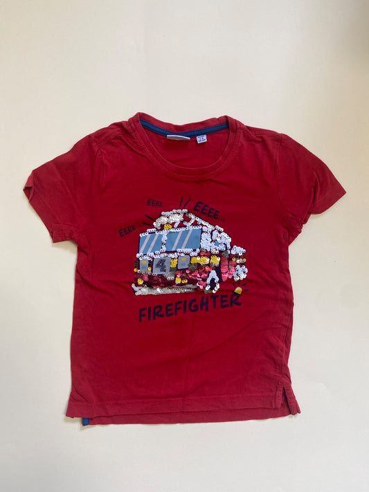Maglietta Bambino Rossa con Camion dei Pompieri in Paillettes