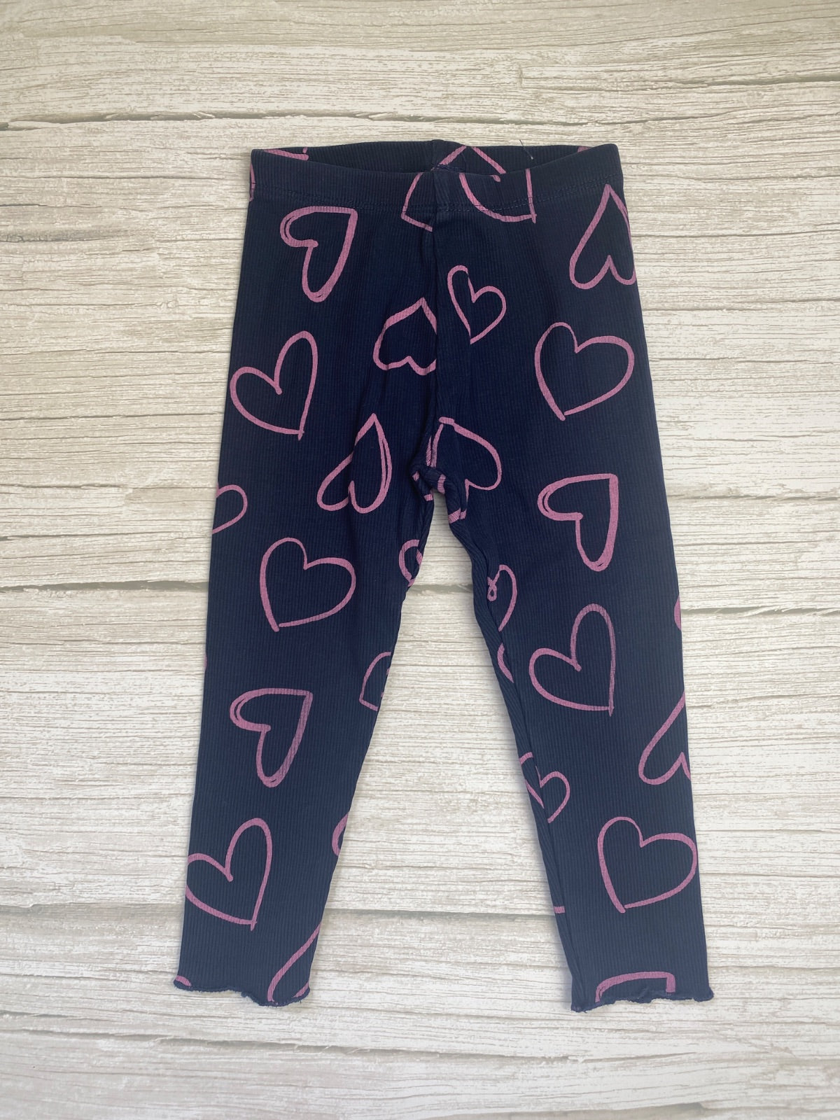 Leggings a costine blu scuro con cuori rosa per bambini