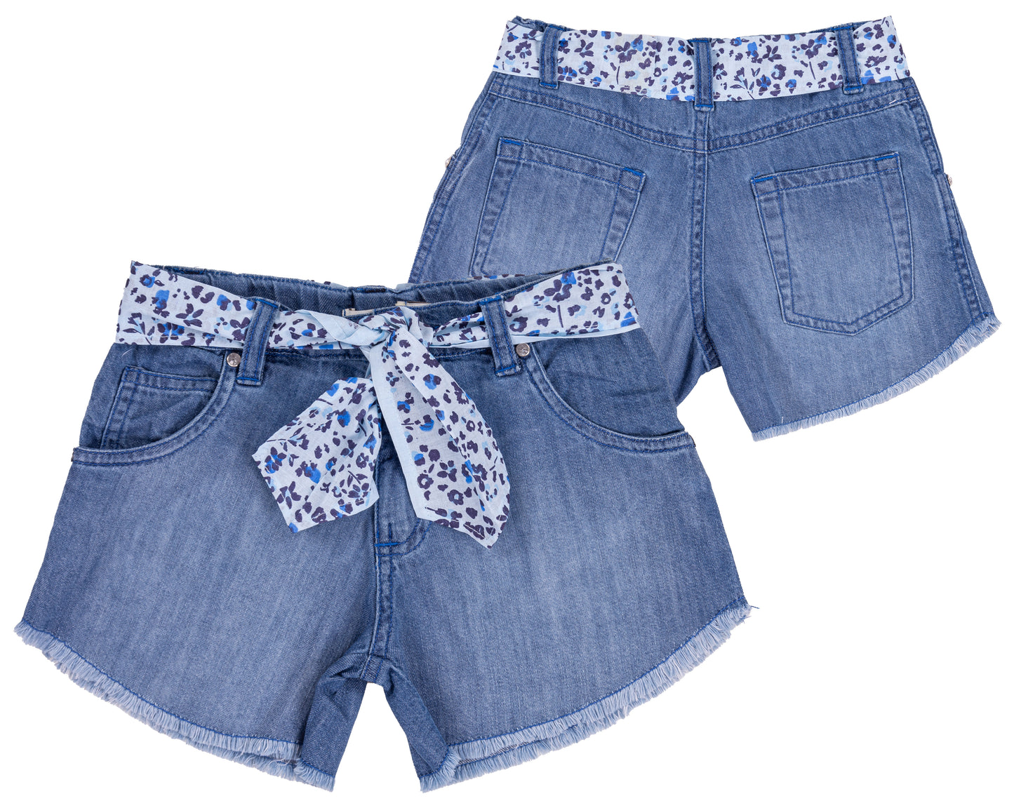 Shorts in denim per bambina con cintura floreale