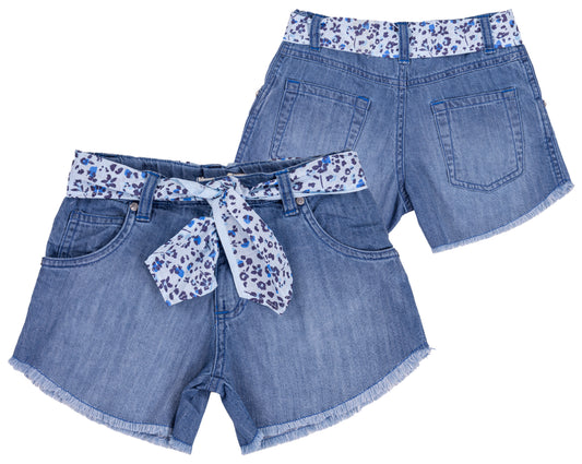 Shorts in denim per bambina con cintura floreale
