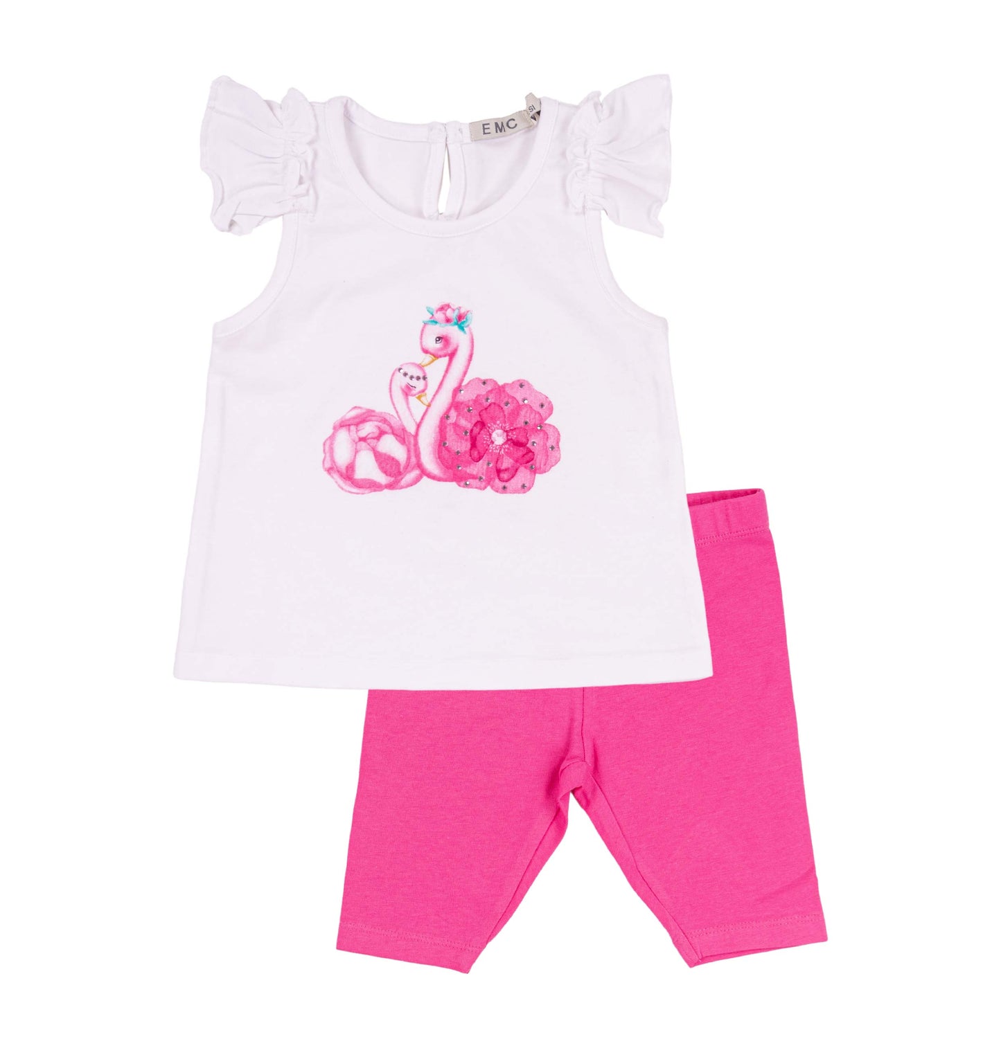 Completo Bambina Top Bianco con Flamingos e Leggings Rosa