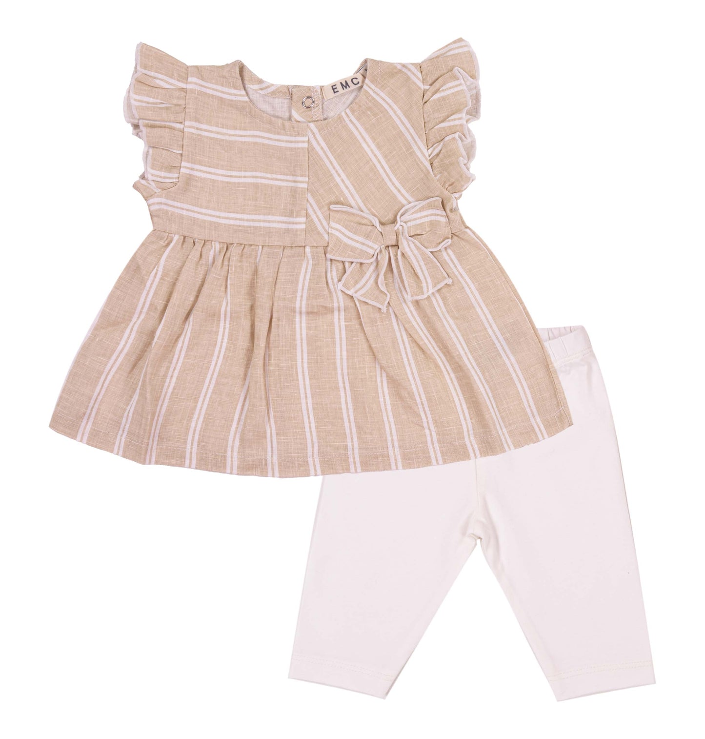 Completo Bambina Top a Righe in lino e Leggings Bianchi in jersey