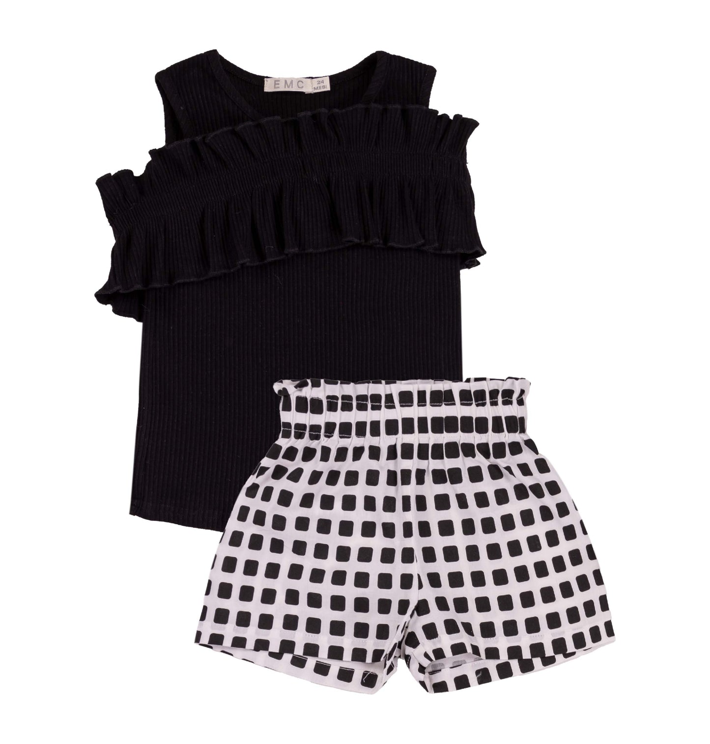 Completo top a costine con balza e shorts a quadri per bambina