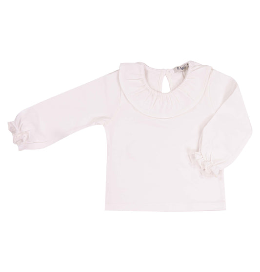 Maglia Bianca a Maniche Lunghe con Colletto e Polsini Arricciati