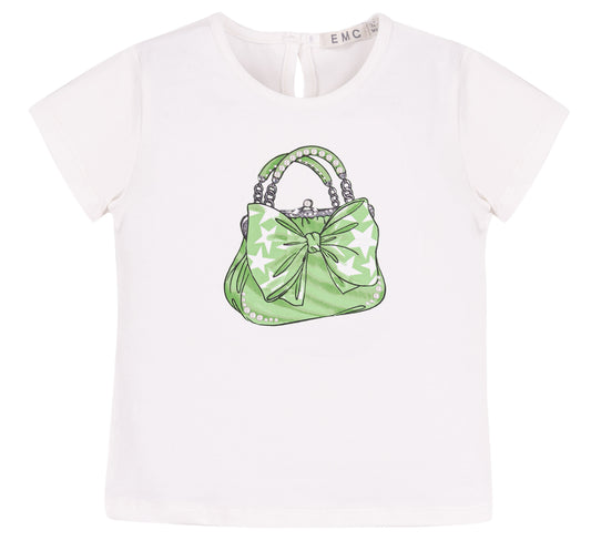 Maglietta Bianca Bambina con Stampa Borsa Verde