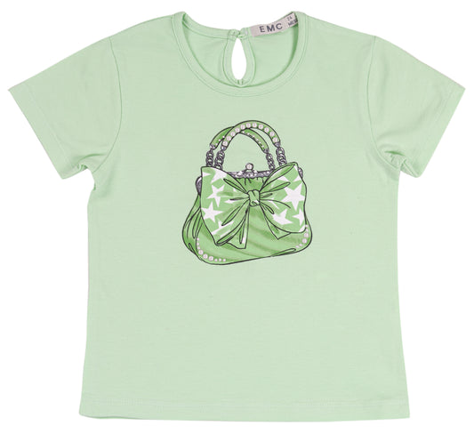 Maglietta verde Bambina con Stampa Borsa Verde