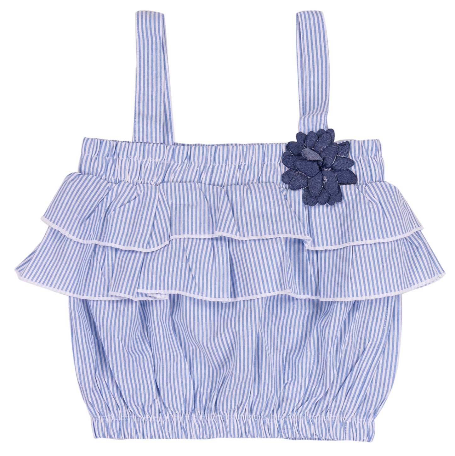 Top a righe con volant e fiore