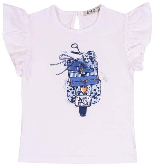 T-shirt Bambina Bianca con Stampa Scooter e Volant