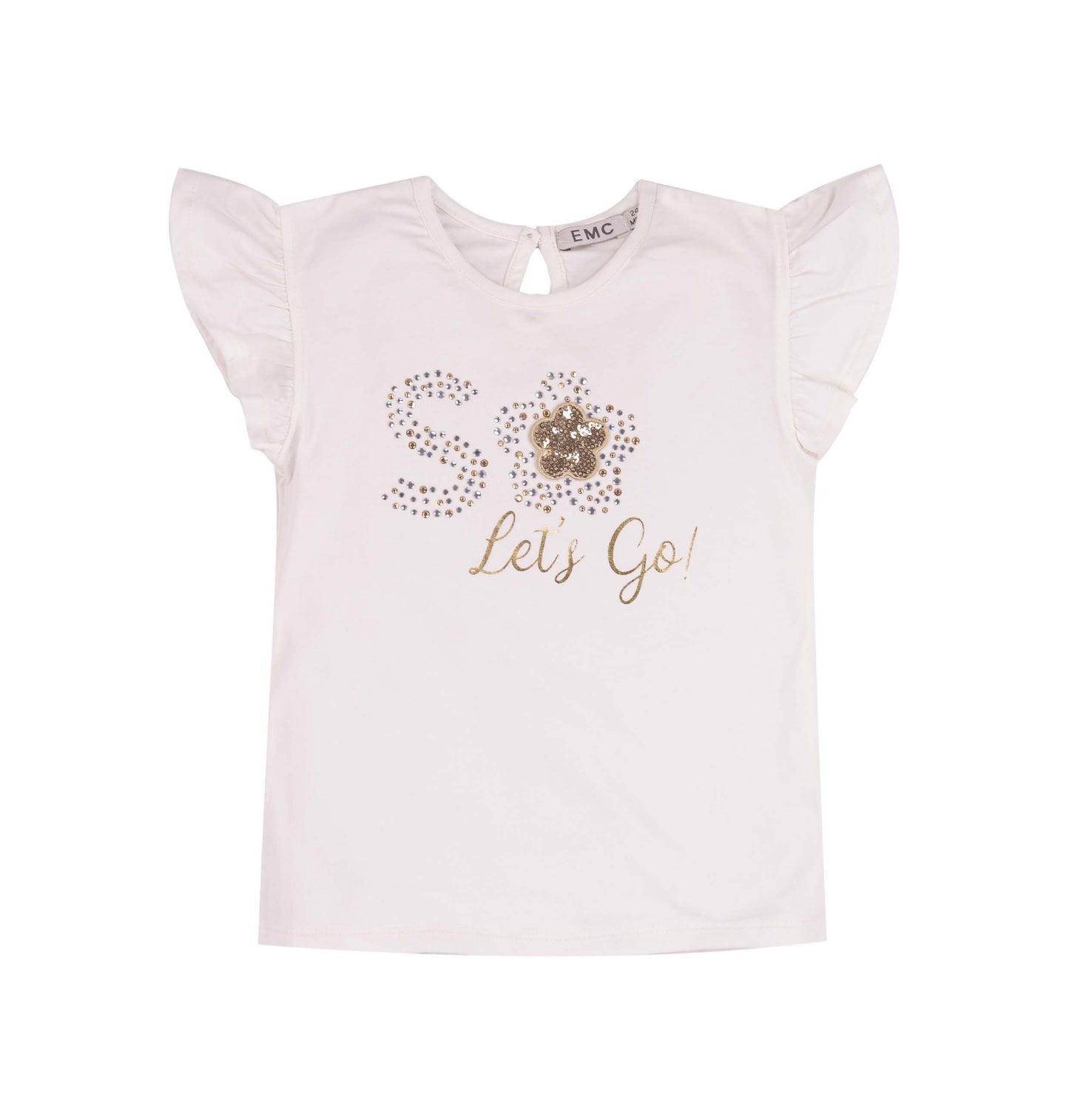Maglietta bianca bambina con stampa "So Let's Go!" e paillettes