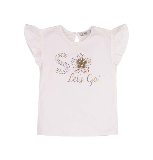 Maglietta bianca bambina con stampa "So Let's Go!" e paillettes