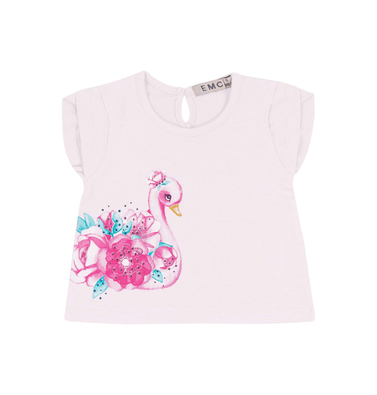 Maglietta neonata bianca con stampa cigno e fiori