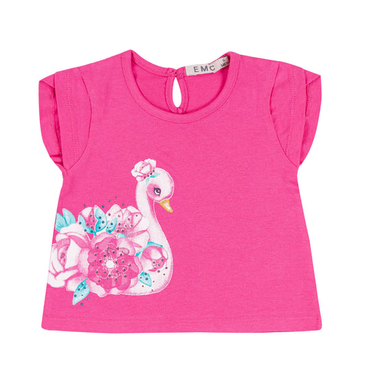 Maglietta neonata fucsia con stampa cigno e fiori