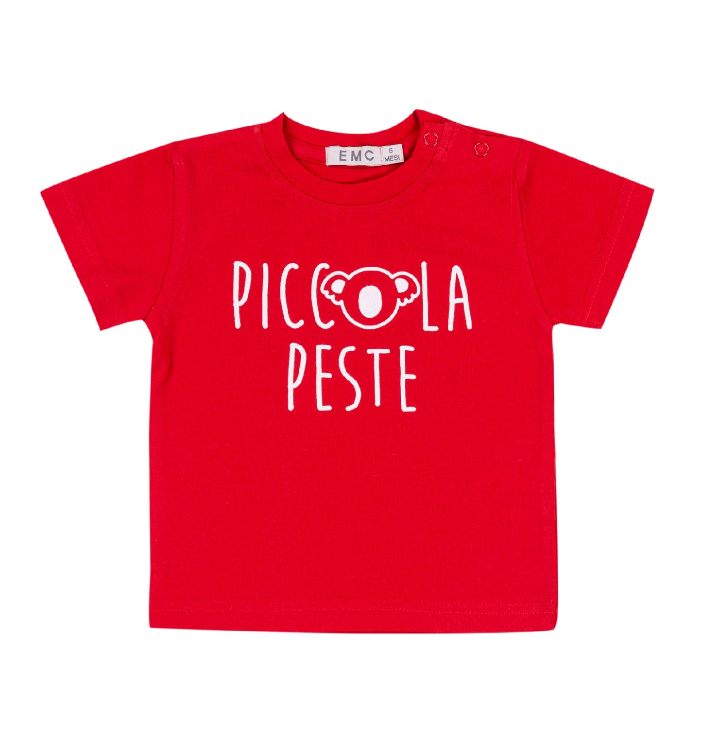 Maglietta rossa con stampa "Piccola Peste" e koala