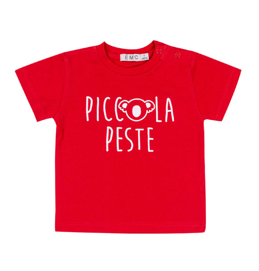 Maglietta rossa con stampa "Piccola Peste" e koala