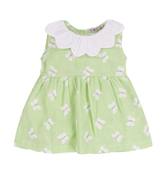 Vestito neonata verde con farfalle e colletto smerlato