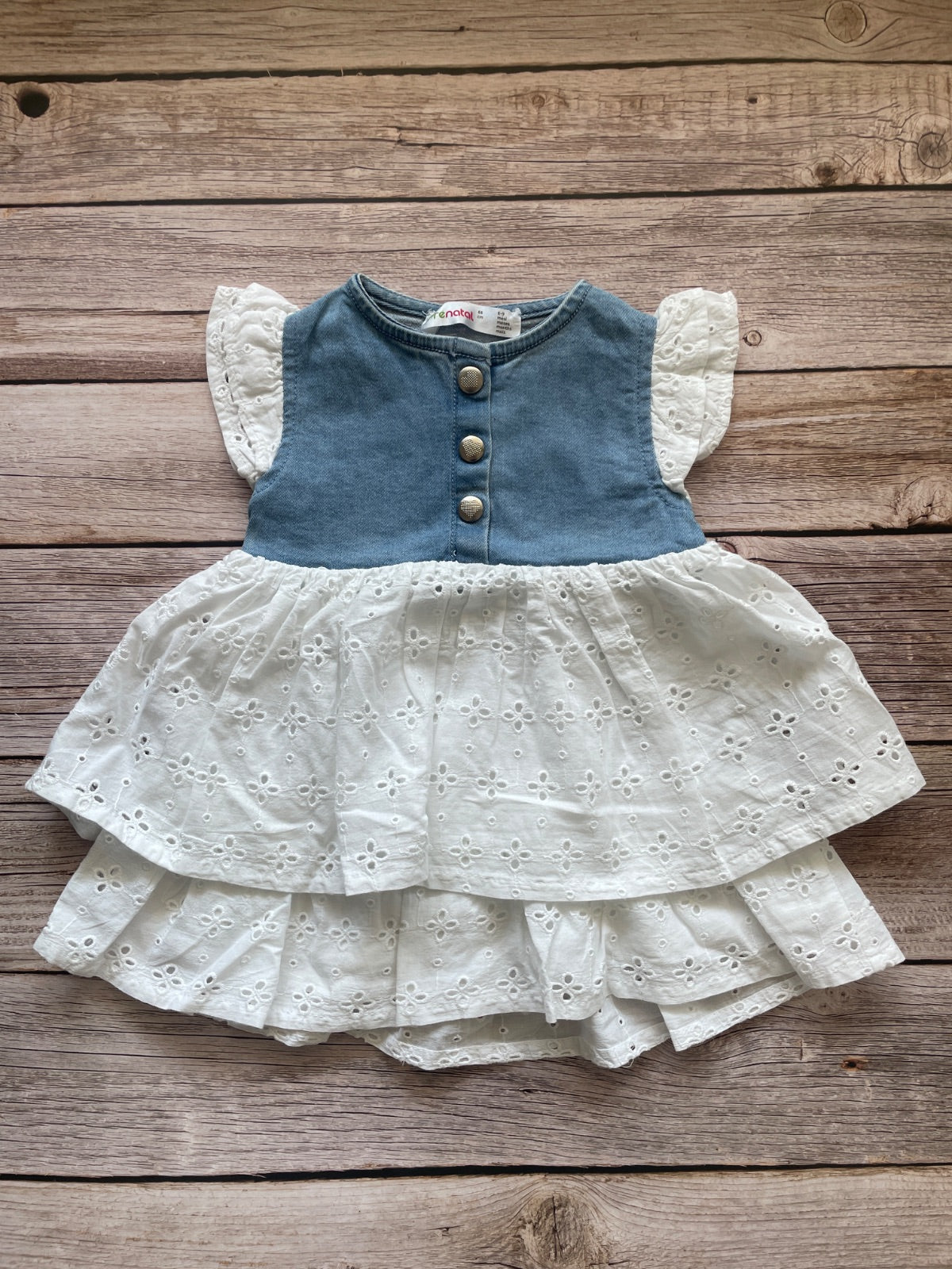 Vestito neonata con corpetto in denim e gonna in pizzo sangallo