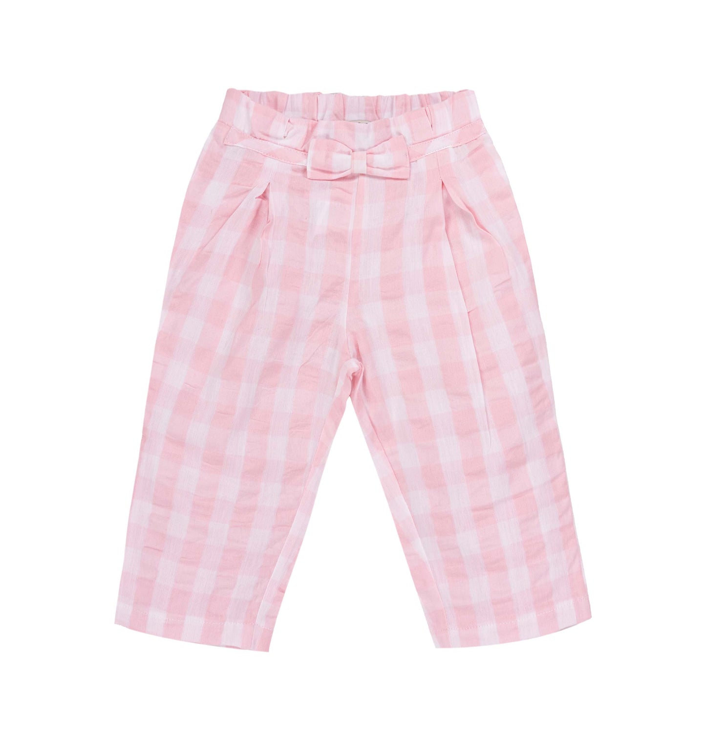 Pantaloni in cotone a quadri rosa con fiocco