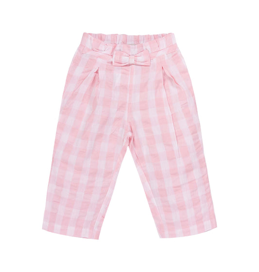 Pantaloni in cotone a quadri rosa con fiocco