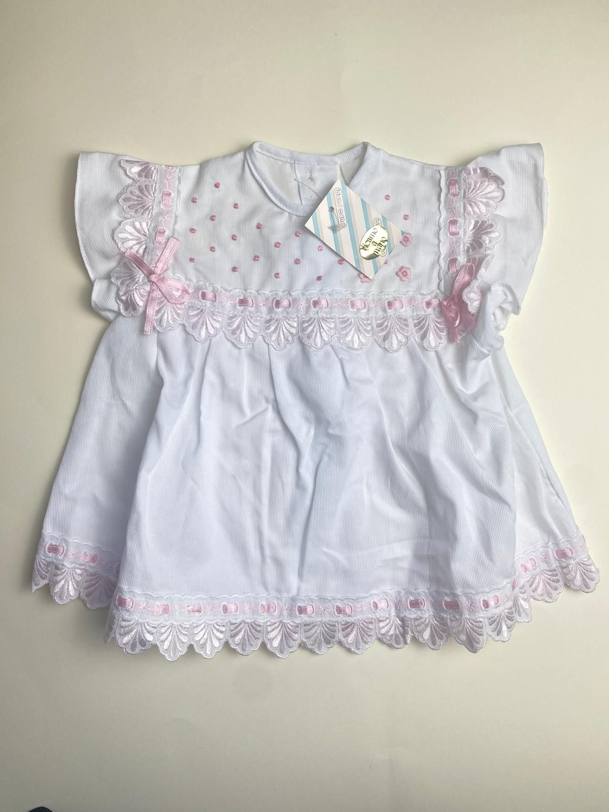 Abito Elegante Bianco con Dettagli Rosa e Pizzo