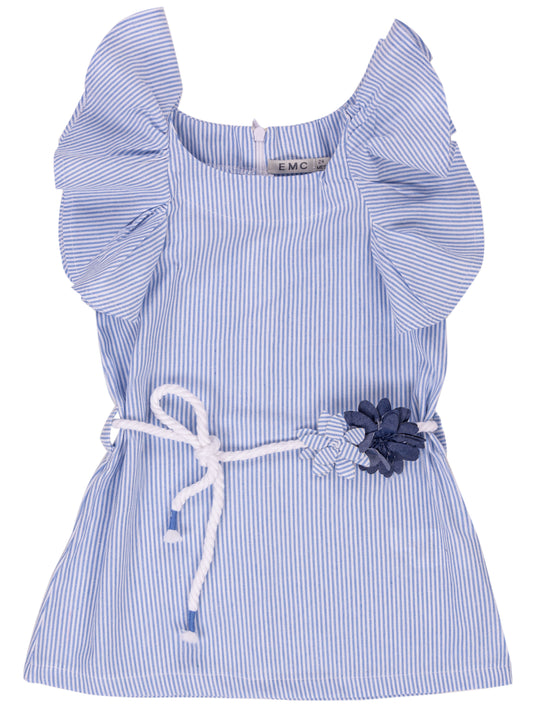 Vestito a righe azzurre con cintura a corda e fiori
