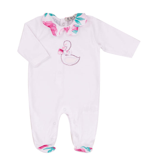 Tutina neonato bianca con paperella e colletto floreale