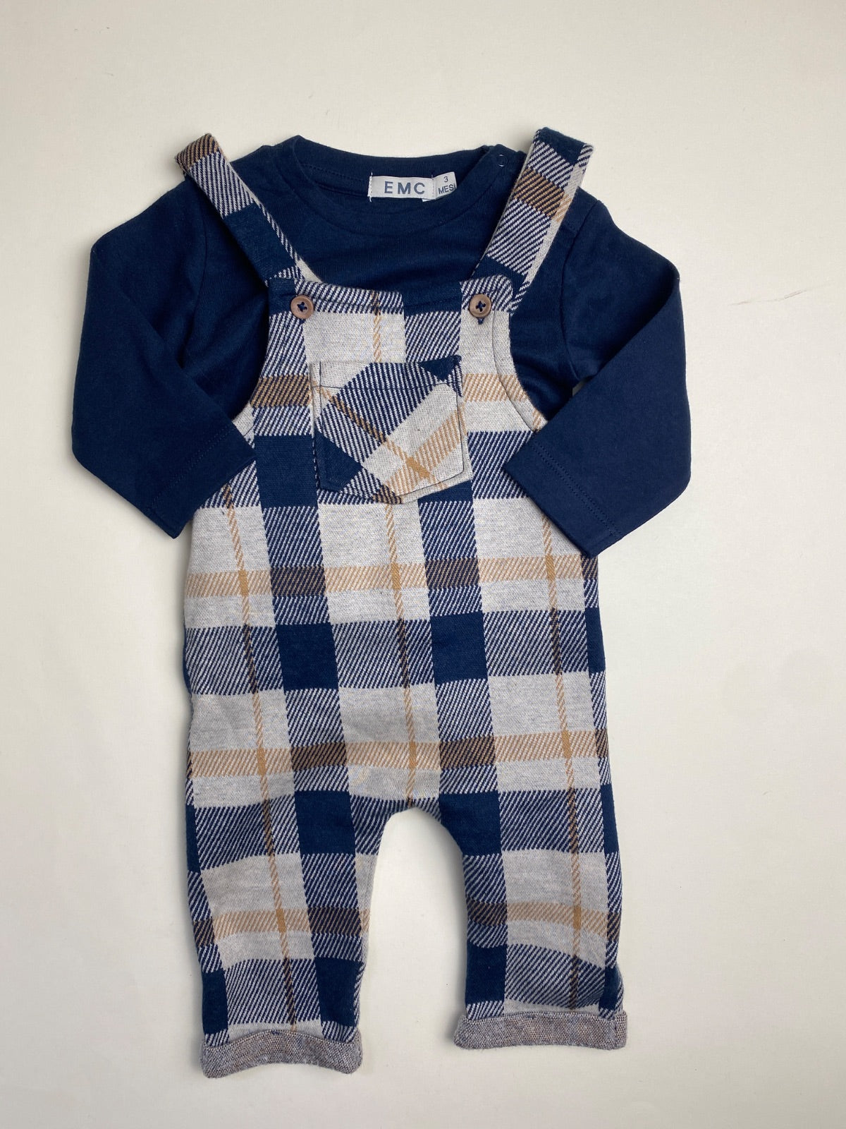 Completo Salopette a Quadri e Maglia Blu per Neonato