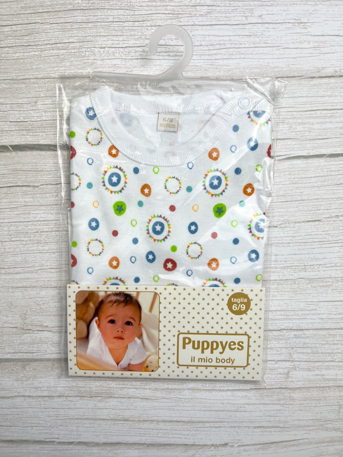Body neonato Puppyes a manica corta fantasia stelle e cerchi